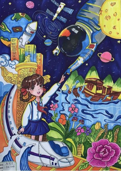 图为来自甘肃的高梓宁创作的绘画作品《航天之梦，繁花颂华》。.png