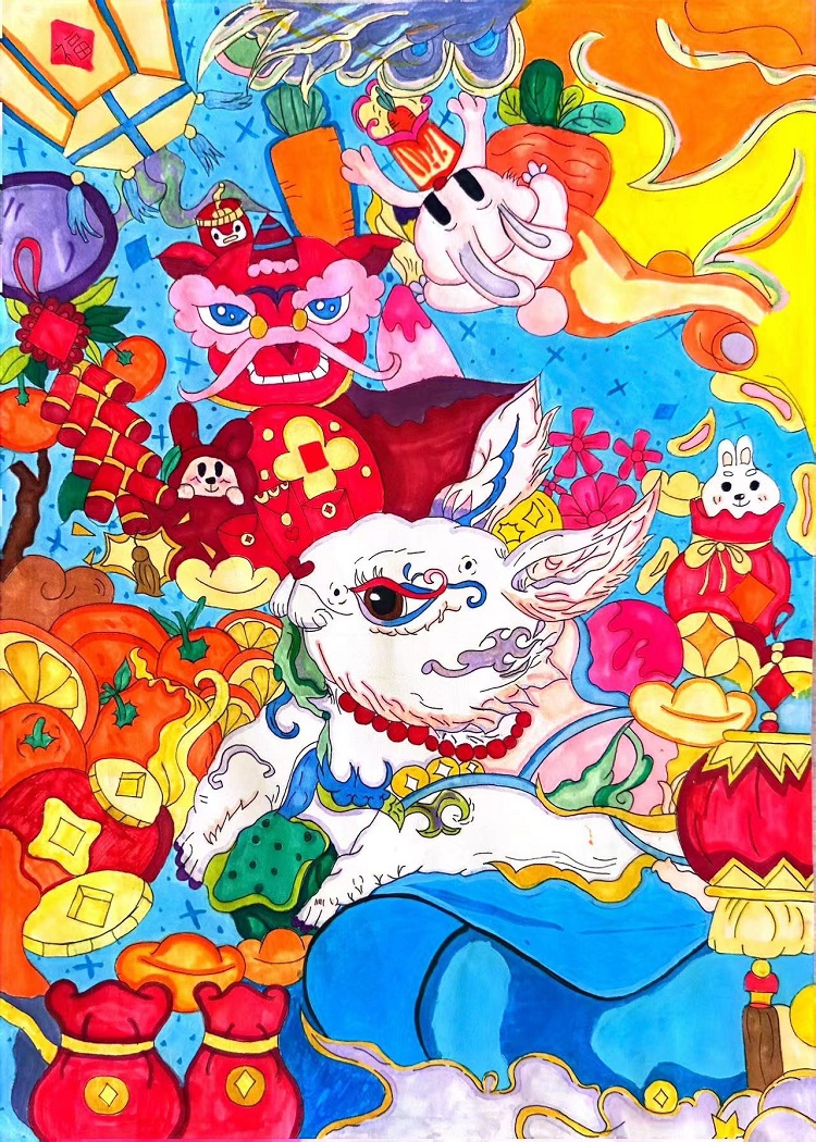 图为来自甘肃的高梓桐创作的绘画作品《兔年大吉》。.jpg