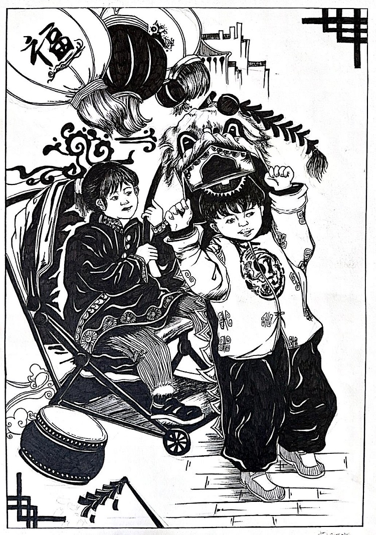 图为来自河北的李程璐创作的绘画作品《舞狮子》。.jpg