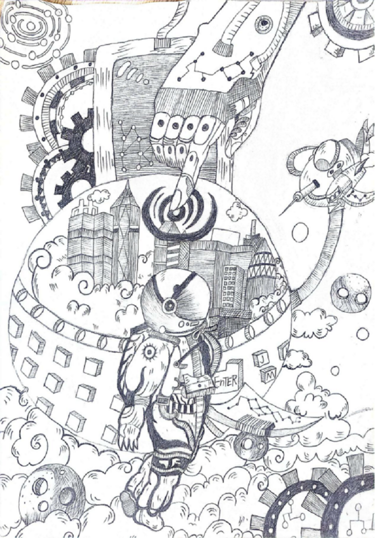 图为来自新疆的加汉达尔·艾买提创作的绘画作品《新时代航天梦》。.png