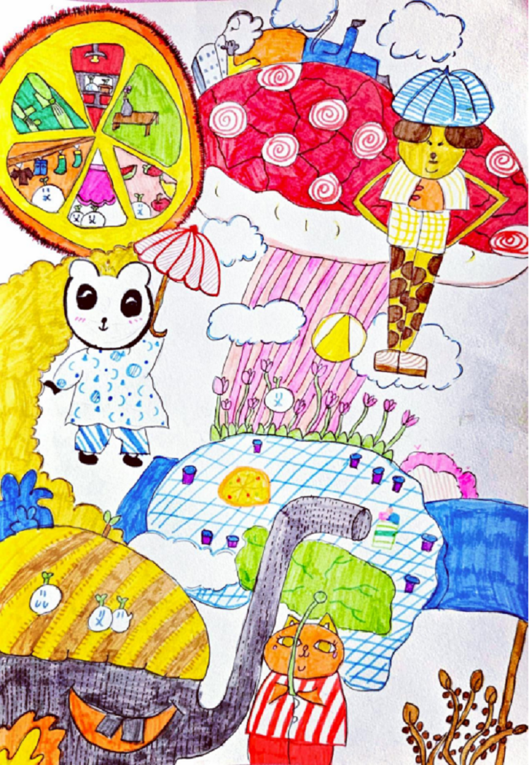 图为来自甘肃的周玟雨创作的绘画作品《童趣梦想园》。.png