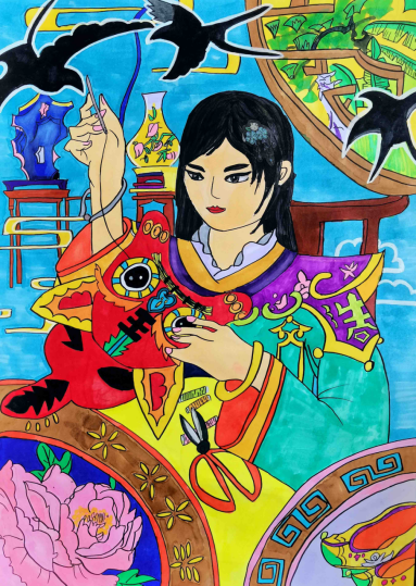 图为来自甘肃的龙欣怡创作的绘画作品《布艺传承》。.png