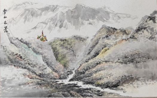 图为来自甘肃的陆佳辰创作的绘画作品《雪山之景》。.png